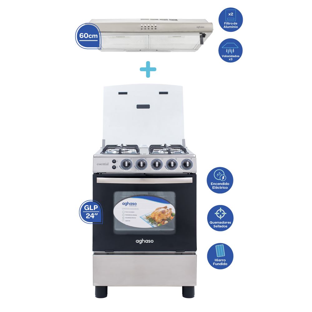 Cocina AGHASO ESSENTIAL 4 Hornillas GLP + Campana Extractora AGHASO 60CM Inox